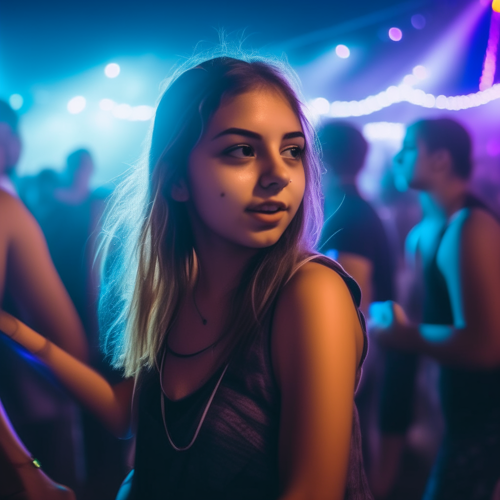 Beautiful Young Girl Dances at a RAVE Concert