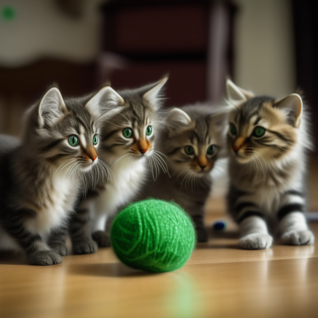 Five cats playing with balls. One of the cats has green fur.