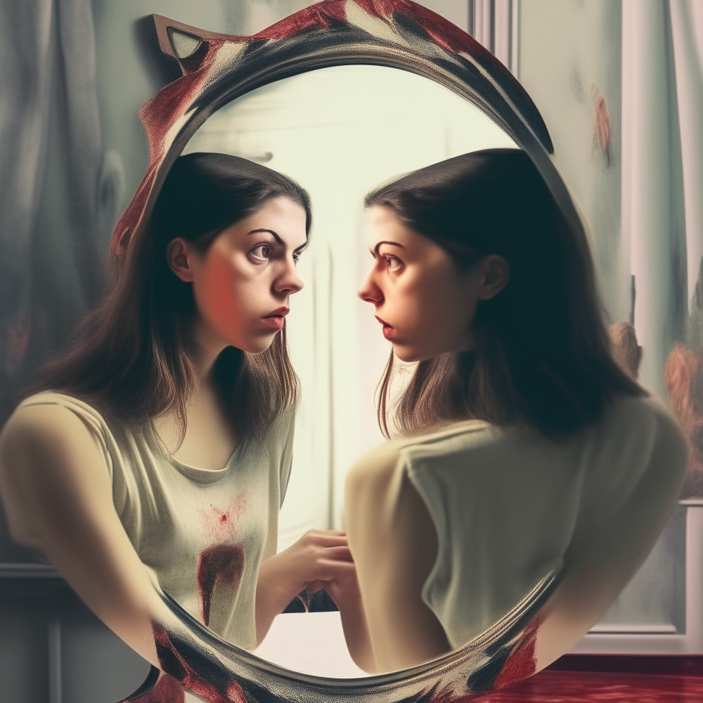 a woman looking at herself in a mirror with elements of image 10 mixed in