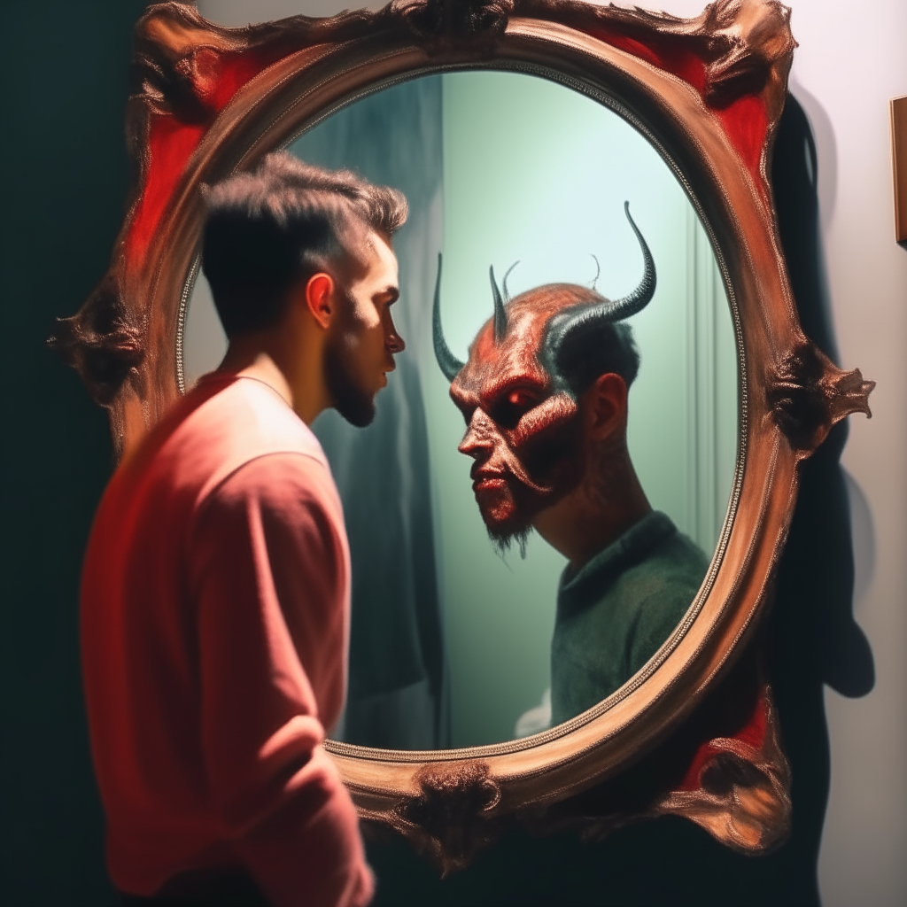 a man looking at a mirror with elements of image 11 mixed in