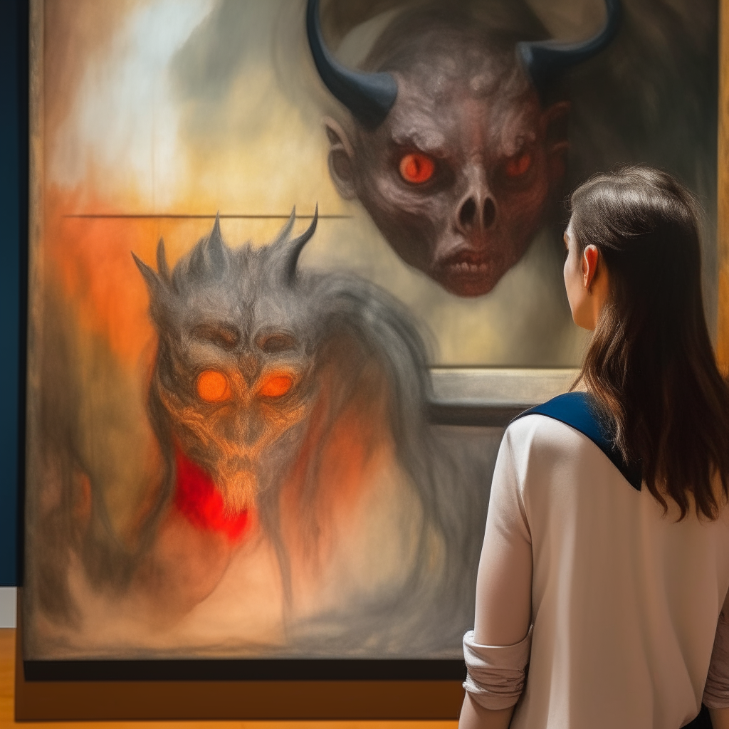 a woman looking at a painting of a demon with elements of image 12 mixed in