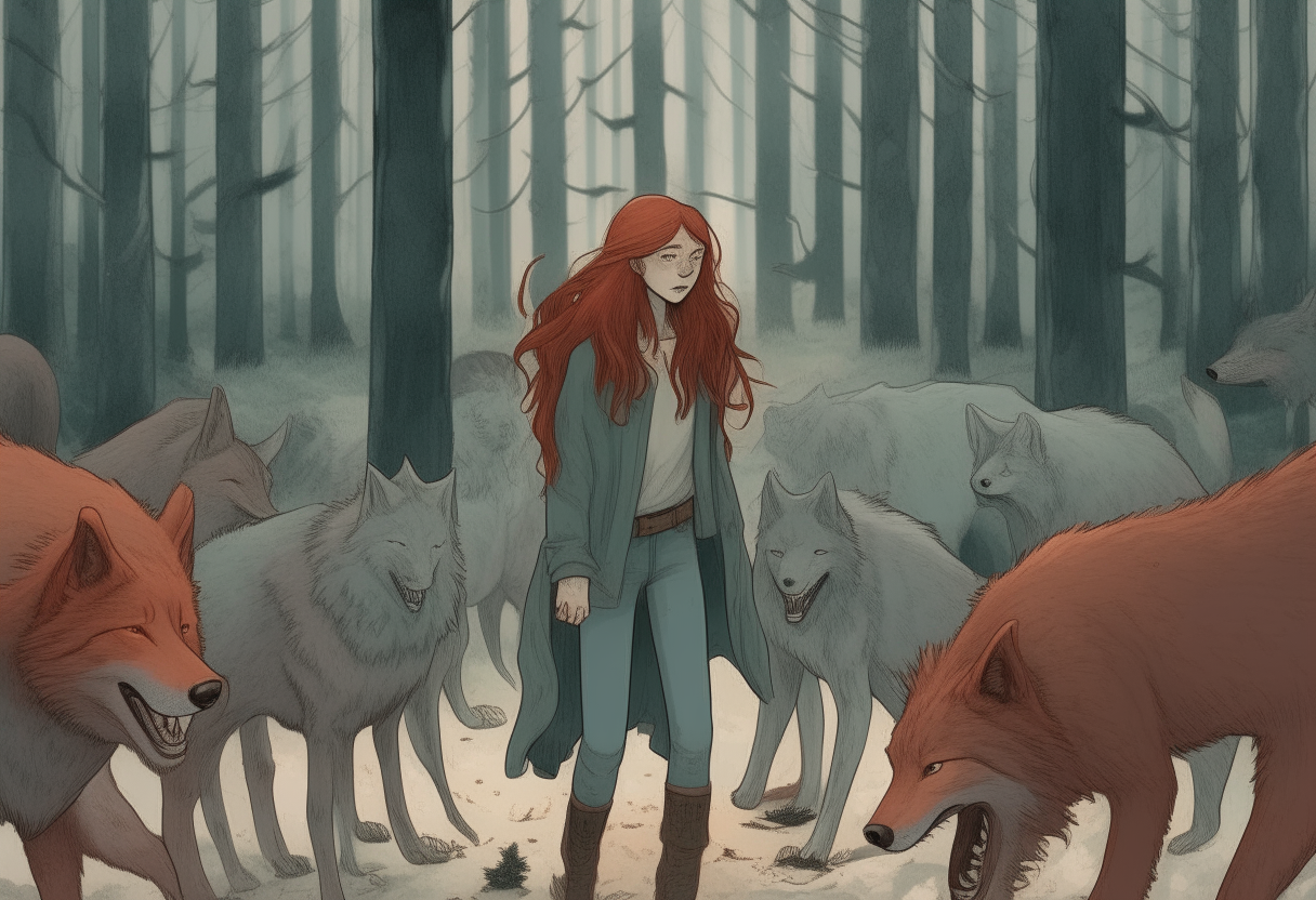 A girl with long red hair stands calmly in a forest clearing, surrounded by three gray wolves. In the background, many people can be seen running away in fear.