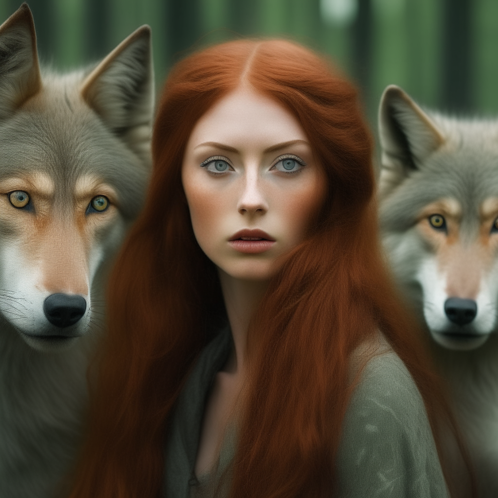 A close-up portrait of a beautiful young woman with long red hair and piercing green eyes, standing confidently in a forest clearing. On either side of her stand two large gray wolves, their heads level with hers, as if protecting their human companion. Fine details are visible in the textures of the wolves' fur and the girl's porcelain skin.