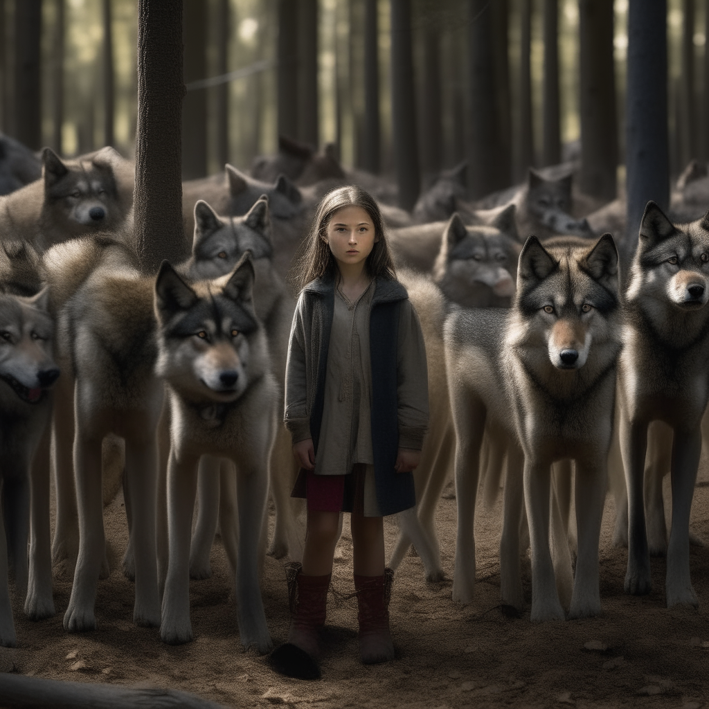 A young girl standing in a forest clearing, surrounded by a pack of timber wolves. The wolves stare intently at the girl but do not approach.