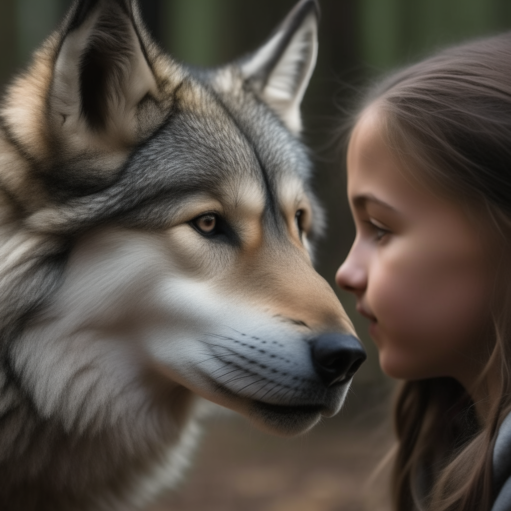 A young girl pets the head of a gray wolf. Both the girl and wolf gaze calmly into the distance.