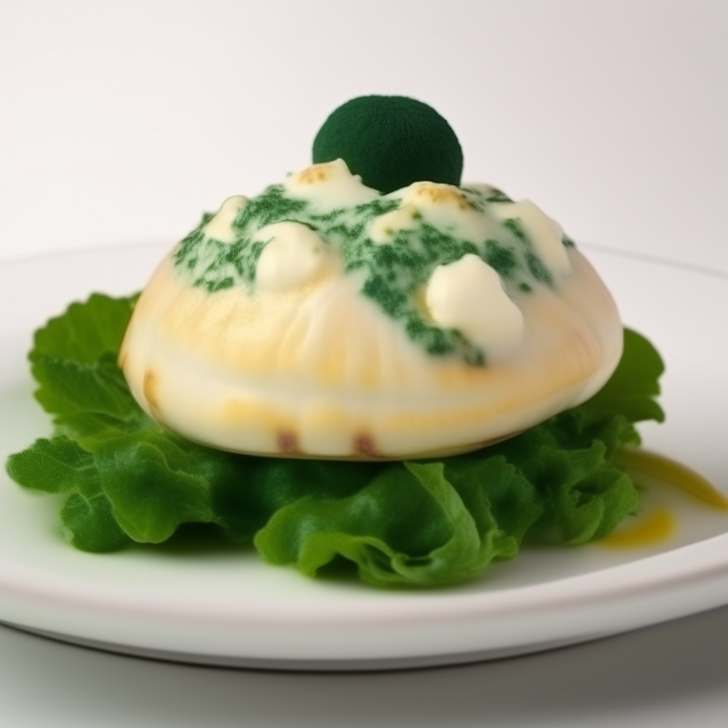 Large juicy white mushrooms with green spinach and cheese stuffing on a white plate, photorealistic