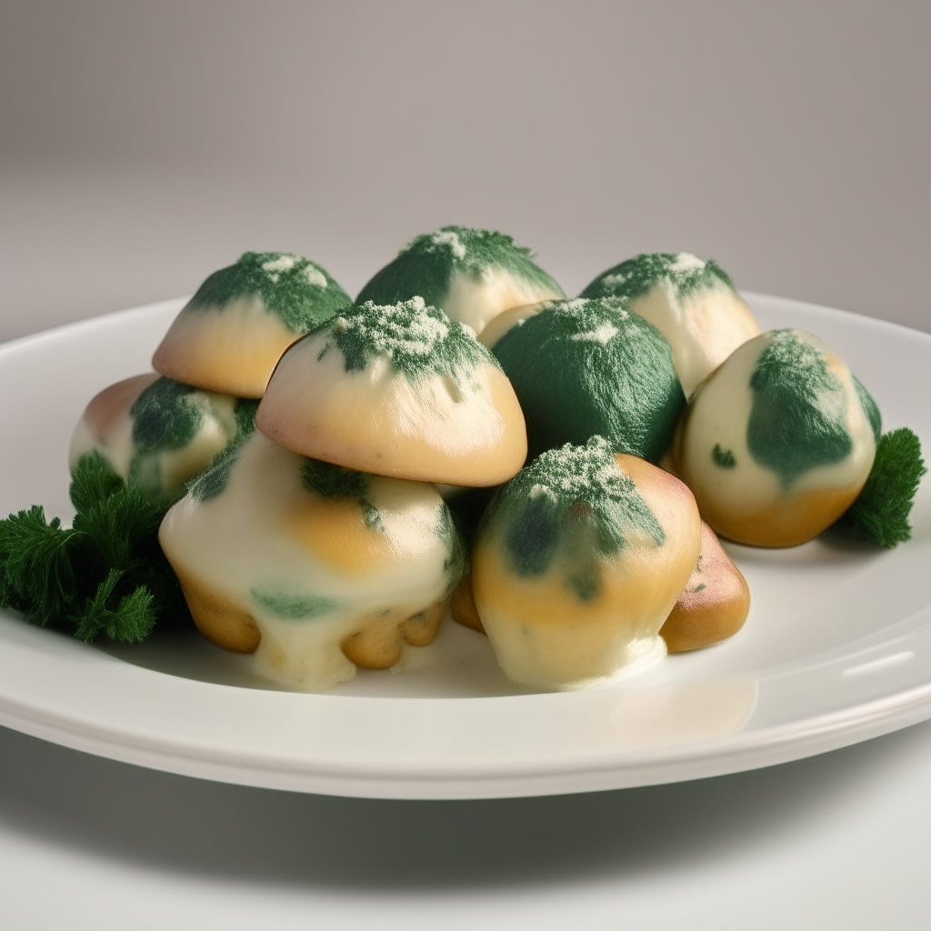 A dozen large juicy white mushrooms with green spinach and cheese stuffing on a white plate, photorealistic