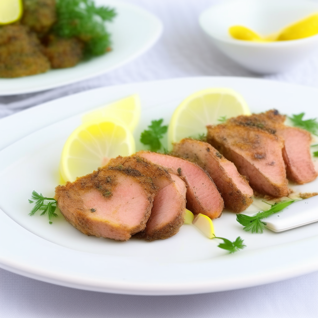 Succulent air fried herb crusted pork tenderloin slices with lemon wedges on a white dish