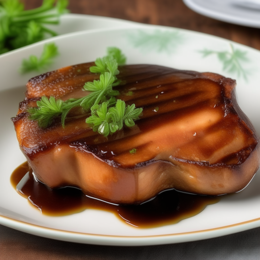 Golden-brown air fryed pork chops with a glossy glaze on a white plate, detailed