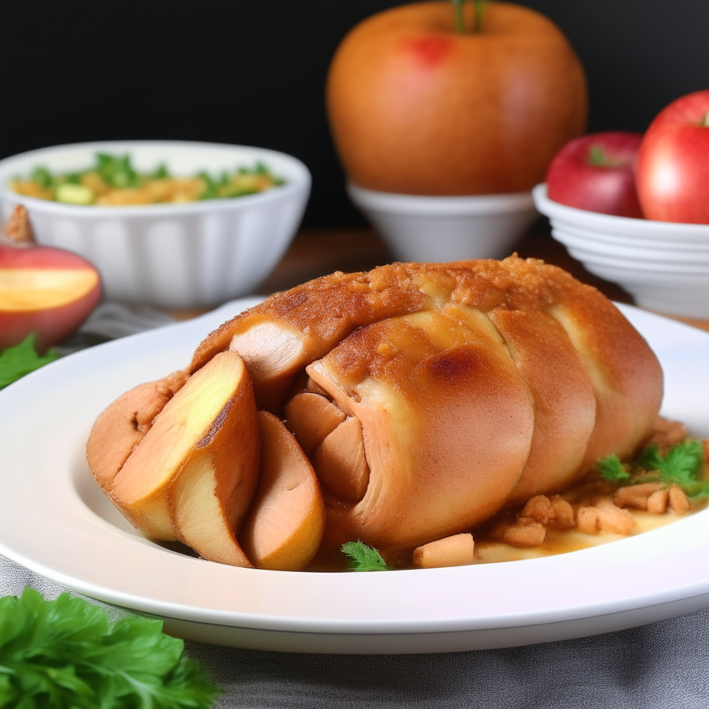 A juicy, golden-brown air fryed pork loin stuffed with a vibrant filling of diced apples, onions and herbs on a white platter, with whole stuffed apples alongside, photorealistic