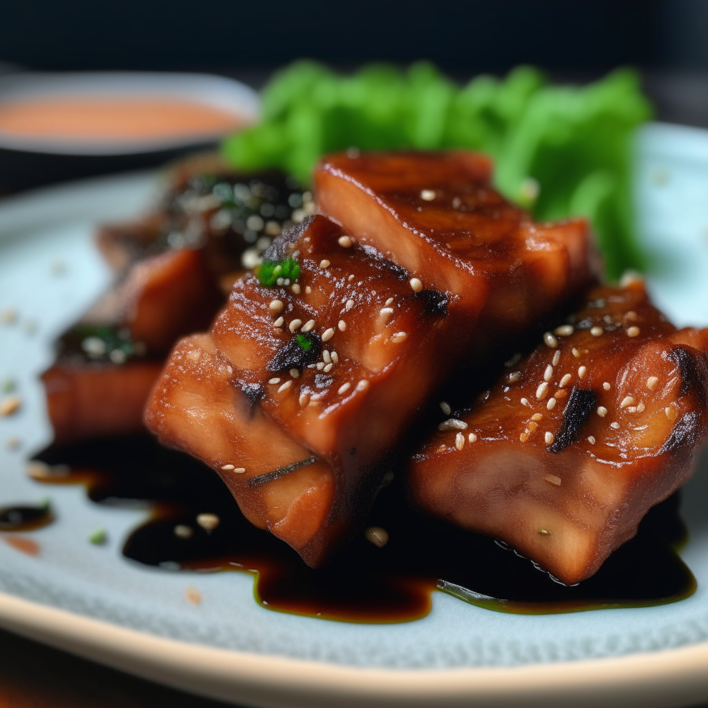 Vibrant plate of bite-sized air fryed Asian-style pork belly with glaze, sesame seeds and scallions