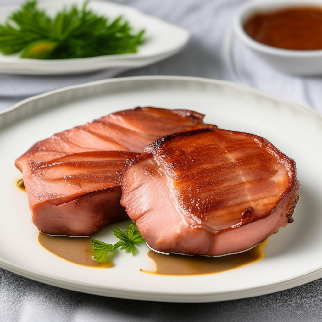 Air fried honey glazed ham steaks on a white plate