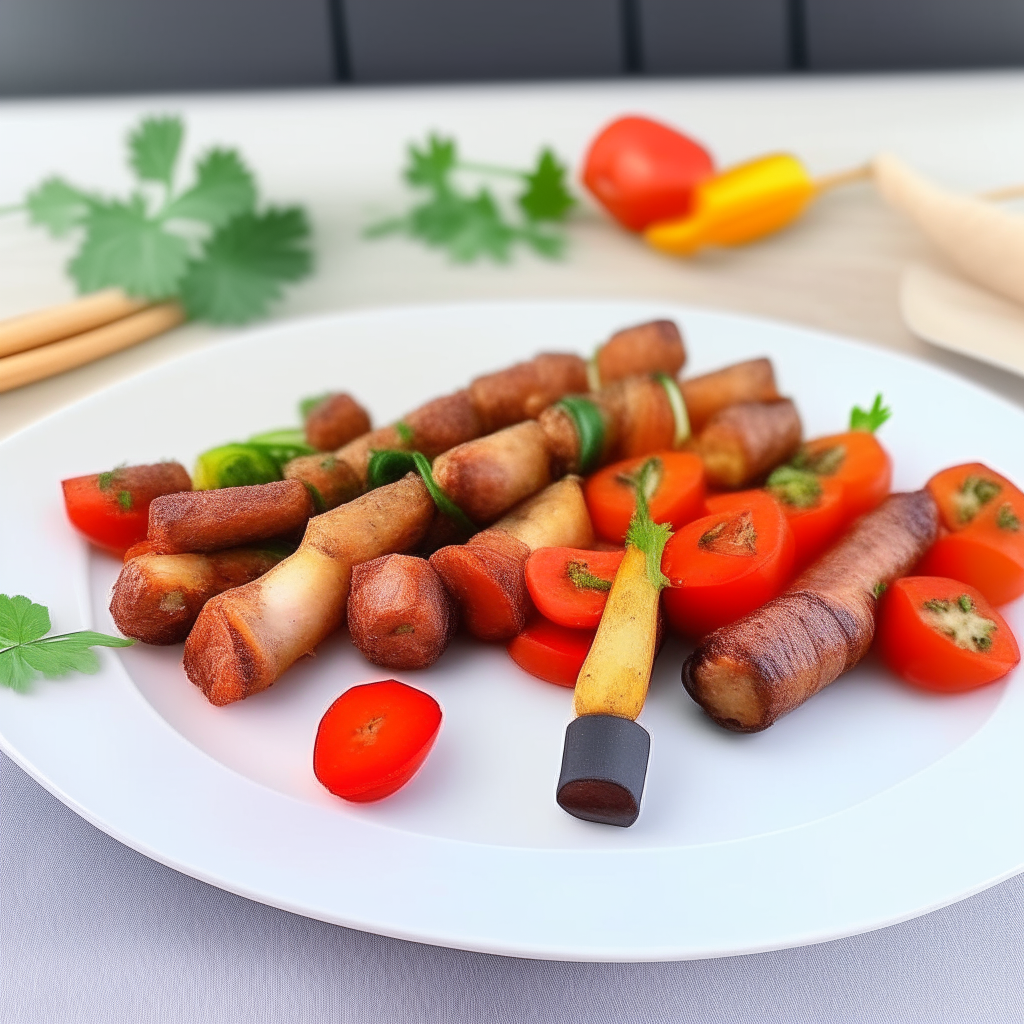 Air fried skewers with spicy sausage, bell peppers, zucchini, cherry tomatoes and parsley on a white plate