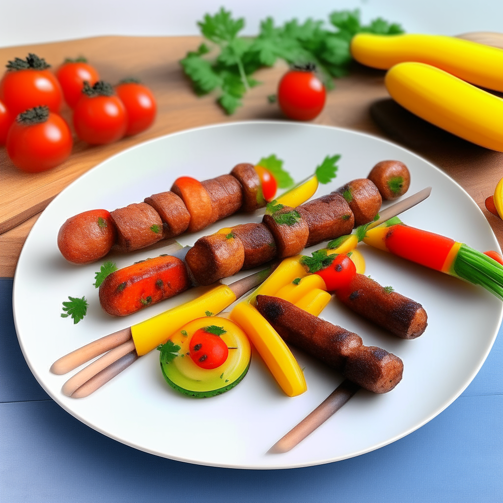 Two plates with air fried skewers of spicy sausage, colorful bell peppers, zucchini, cherry tomatoes and parsley