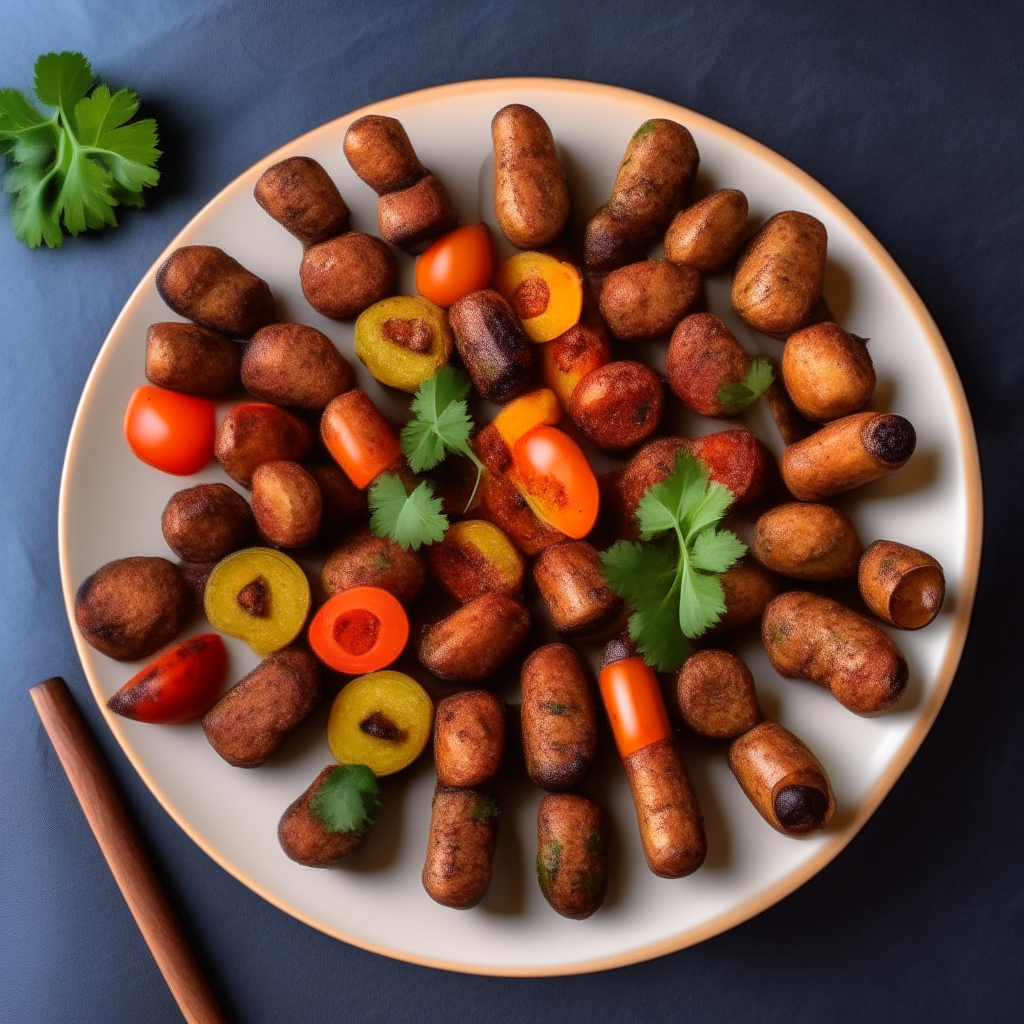 Overhead view of a platter with several air fried skewers of spicy sausage, vegetables and parsley