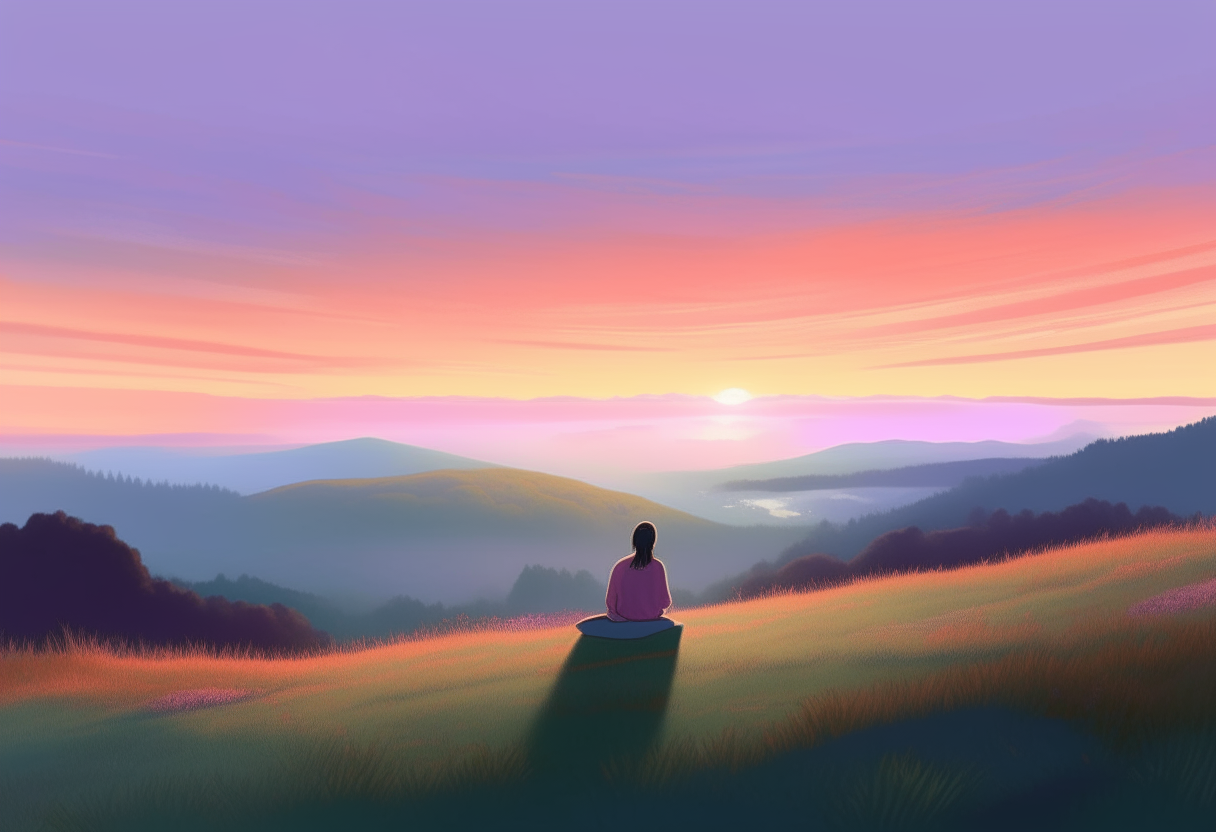 A person sitting in lotus position on a grassy hilltop overlooking a forest valley during sunset. The sky is painted with shades of orange, pink and purple as the sun dips below the horizon. A person meditating on a beach at dawn. Gentle waves lap at the shore as the morning mist rises off the calm ocean under a pale blue sky.