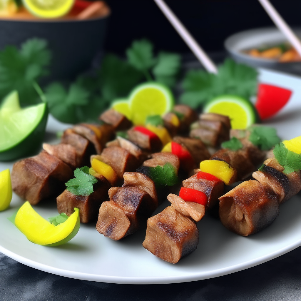 Air fried skewers with succulent pork, pineapple, bell peppers, cilantro and lime wedges