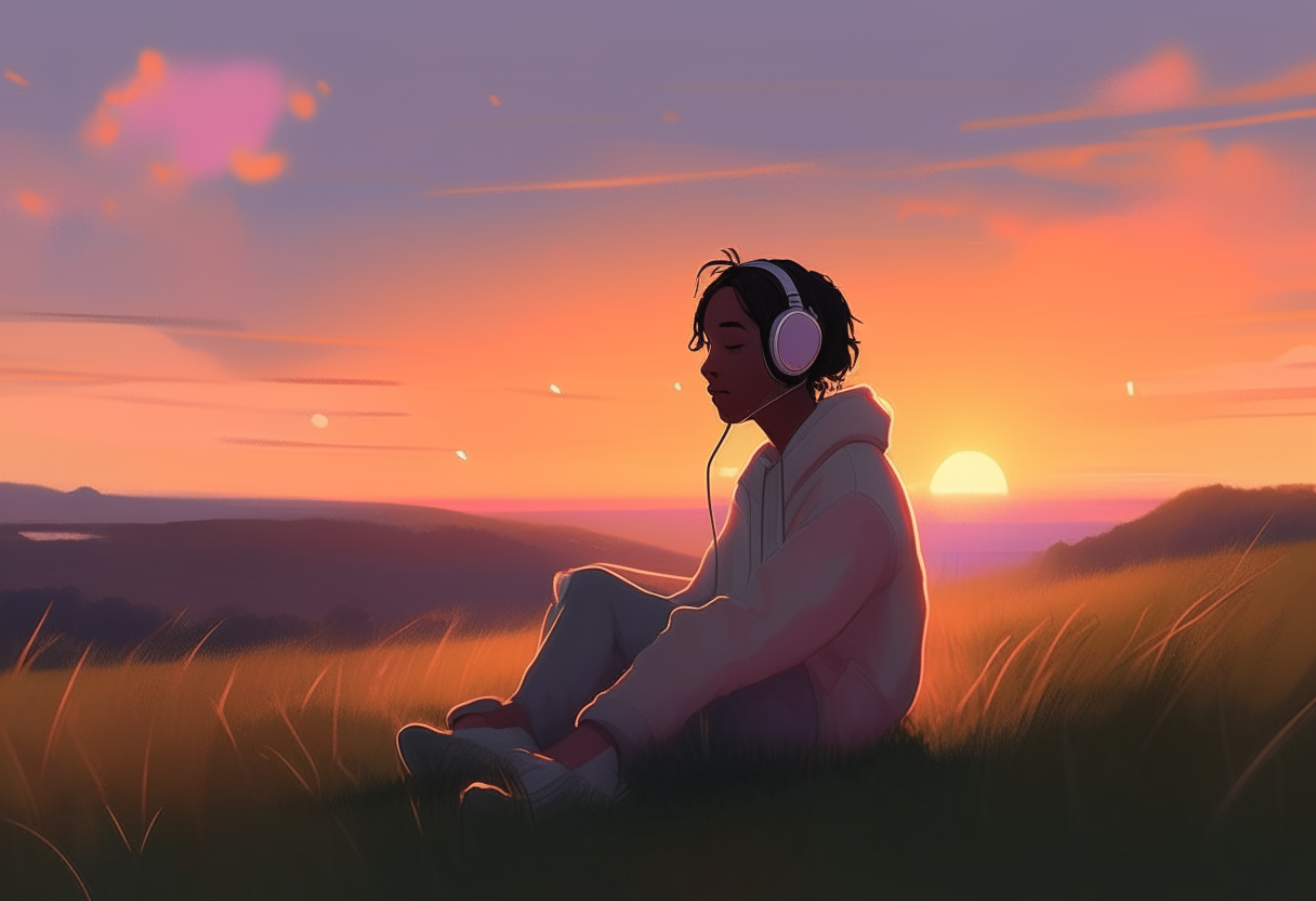 A person sitting cross-legged on a grassy hilltop at dusk. They have their eyes closed and headphones on, listening intently to calming music as a gentle breeze blows. The sky is painted with shades of orange and pink as the sun sets in the distance.