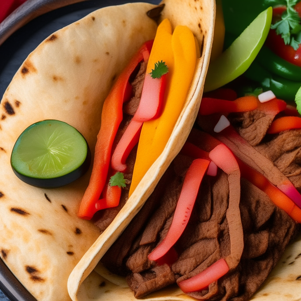 Vibrant air fried steak fajitas with vegetables on a warm tortilla