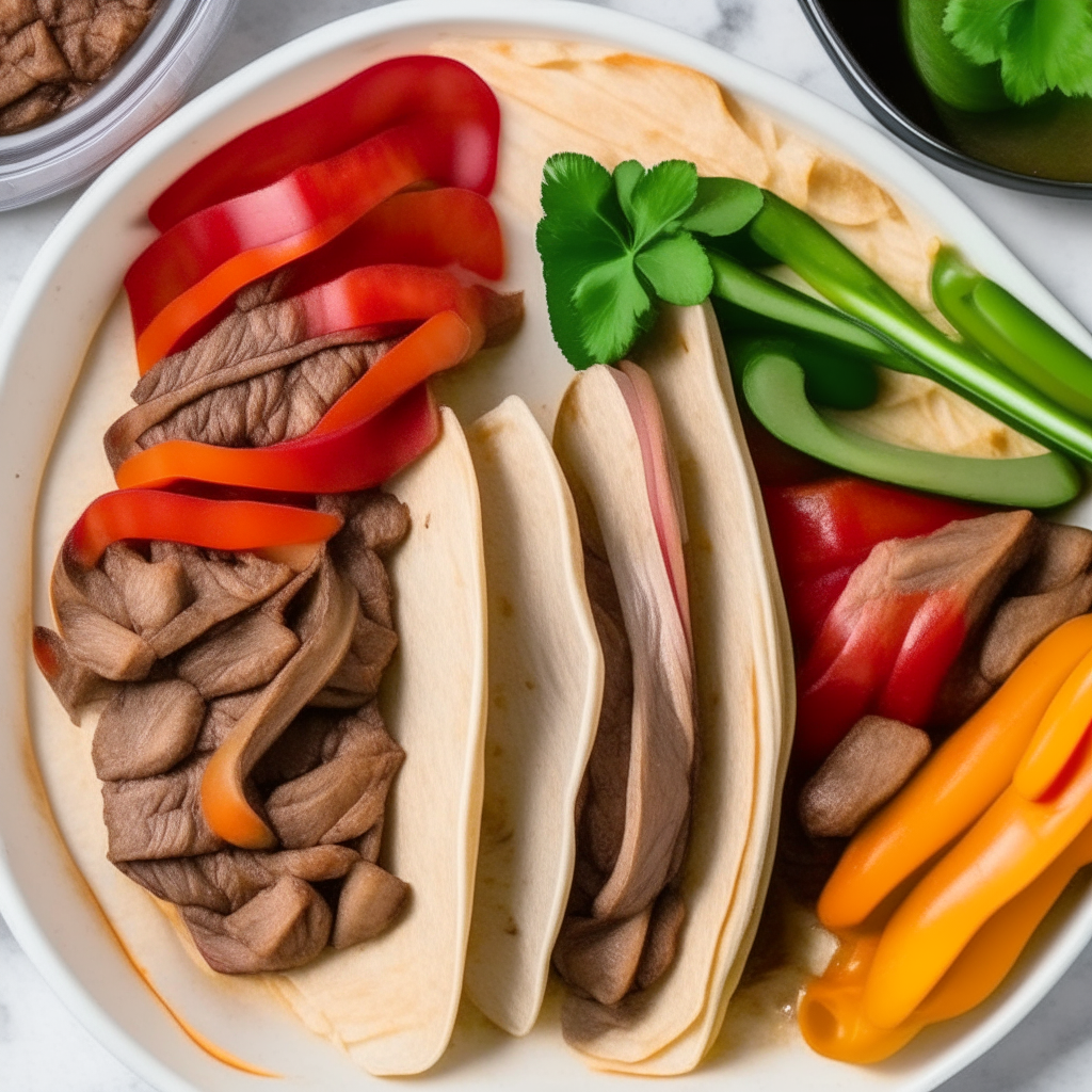 Air fried steak fajitas ingredients - steak, peppers, onions - arranged on a plate ready to be assembled into fajitas on a tortilla