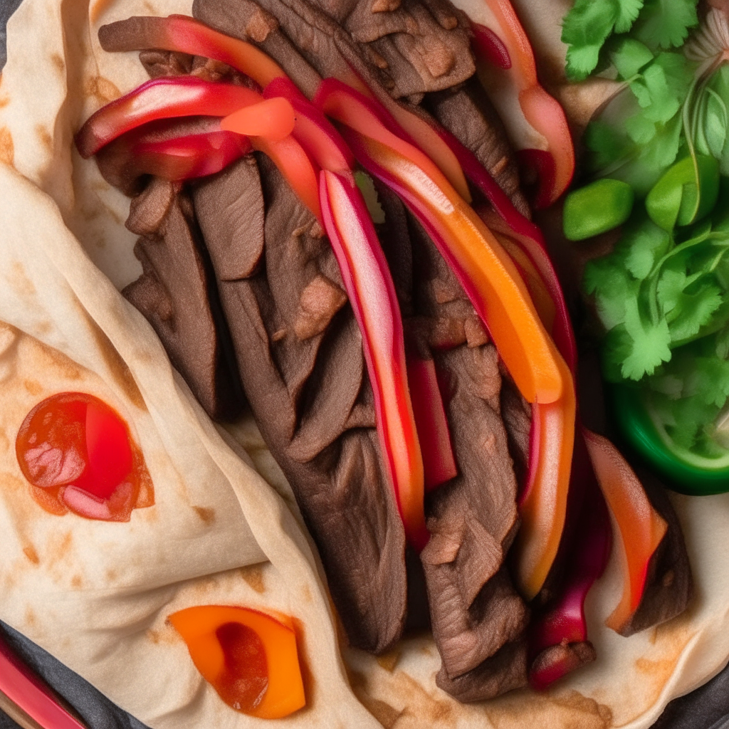 Top down view of air fried steak fajita ingredients - steak, peppers, onions - on a tortilla garnished with cilantro