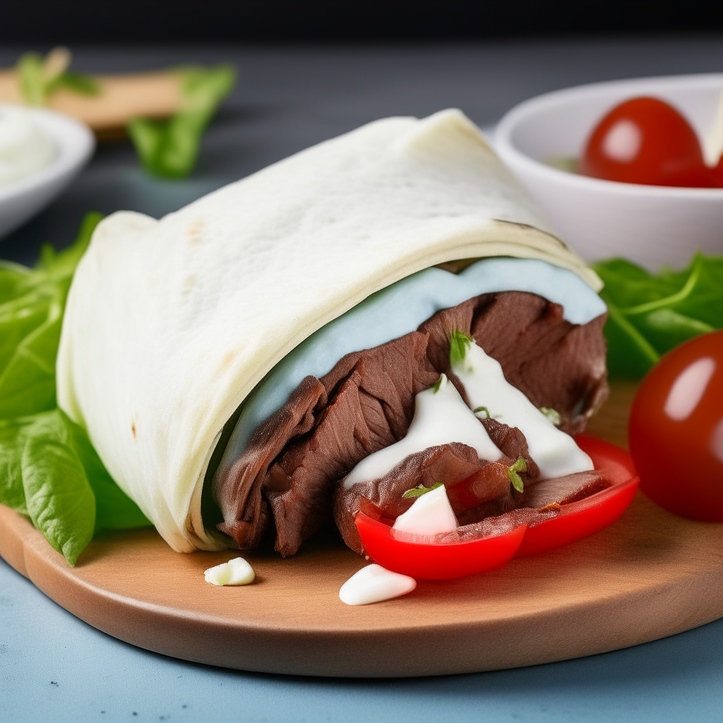 Air fried Greek-style beef wrap with tomatoes, cucumber, feta and tzatziki sauce