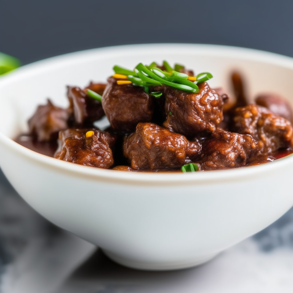 Glossy, caramelized Mongolian beef bites in a white bowl