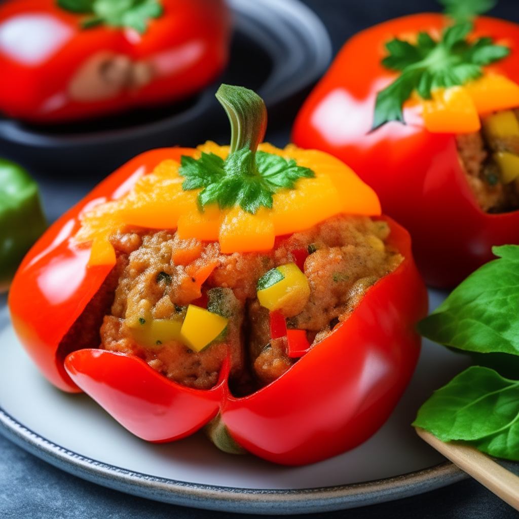 Colorful bell peppers stuffed with ground beef, tomatoes and cheese