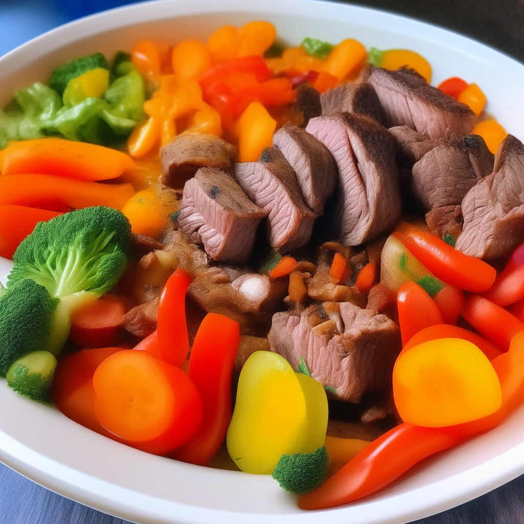 Colorful air fried vegetables and beef in Italian dressing