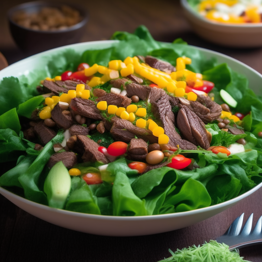 Vibrant salad with beef, greens, beans, corn, tomato and cilantro