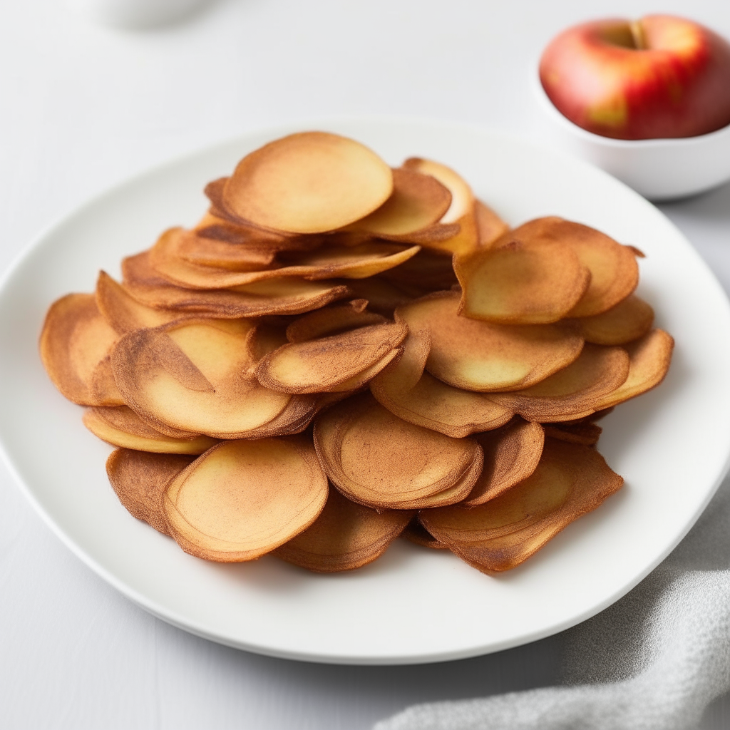 Crispy, cinnamon apple chips arranged on a white plate