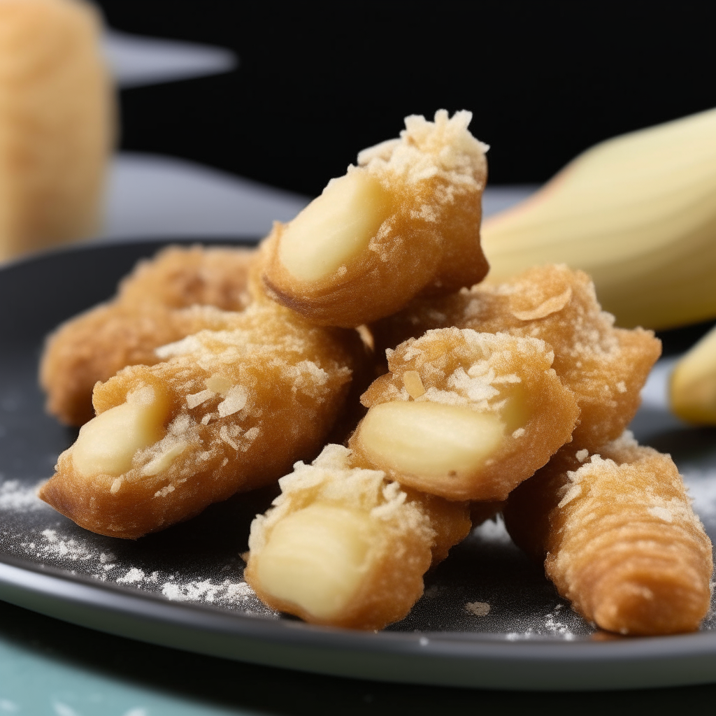 Crispy, coconut and almond coated banana bites on a plate