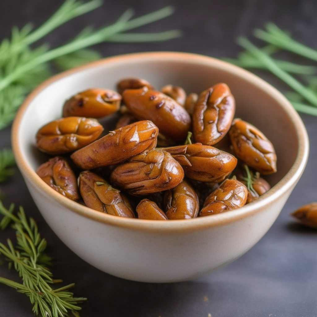 Bowl of glossy, roasted pecans coated in a spice glaze and sprinkled with chopped rosemary