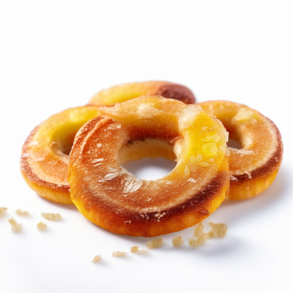 Succulent pineapple rings with a caramelized exterior and sprinkled with chili powder and lime juice on a white background