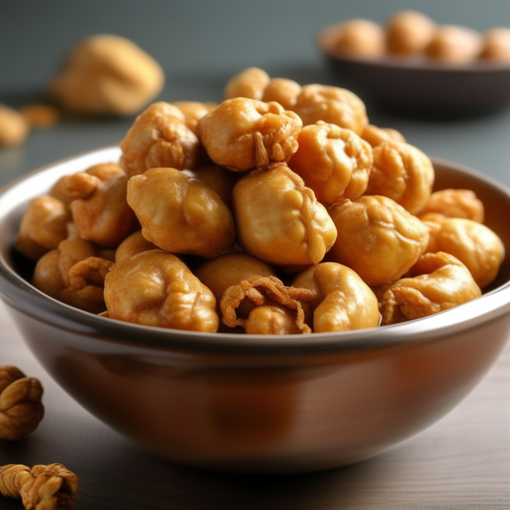 Bowl filled with golden-brown, glossy walnuts covered in a honey glaze