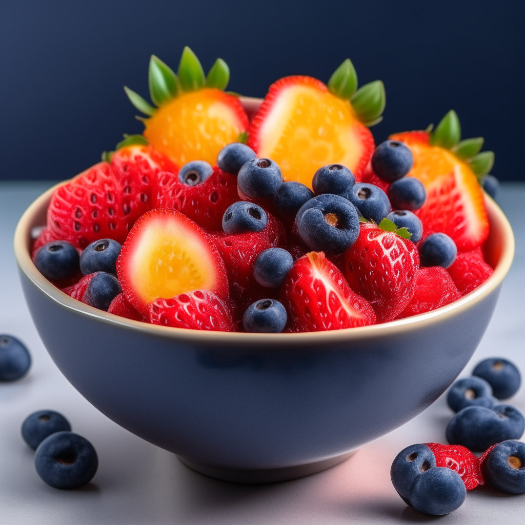 A vibrant bowl filled with air-fried strawberries, blueberries and raspberries coated in a light citrus glaze