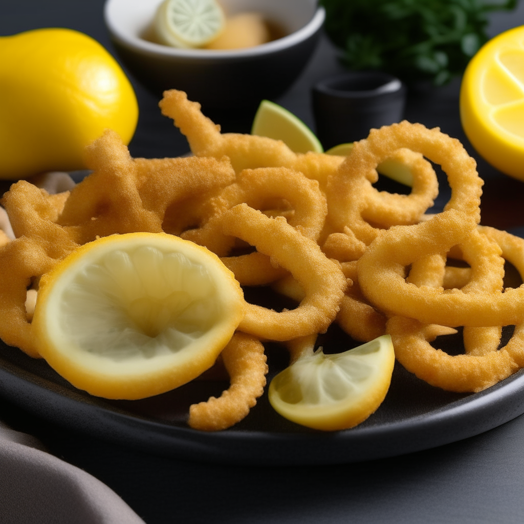 Crispy golden calamari rings arranged on a plate with lemon wedges and dipping sauce