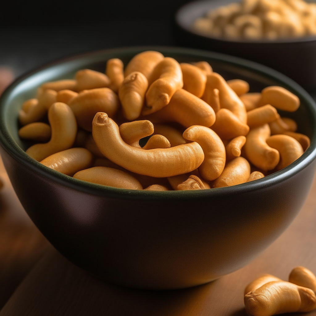 A bowl of golden brown, caramelized cashews