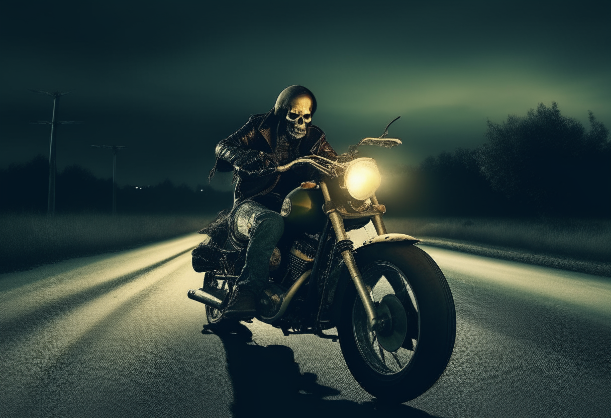 A zombie wearing biker gear riding a chopper motorcycle down a deserted highway at night