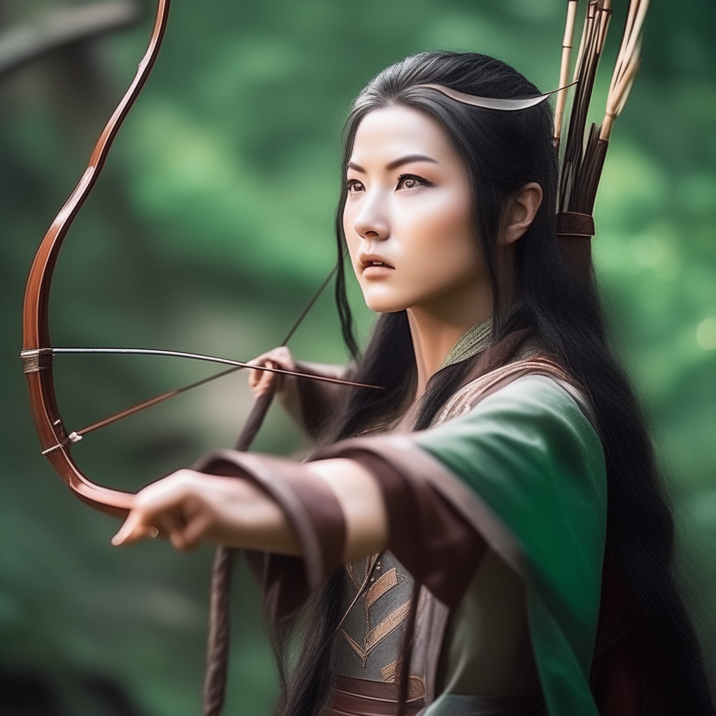 Beautiful Asian woman as elf shooting a bow,
 from Lord of the rings