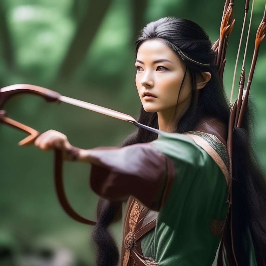 Beautiful Asian woman as elf shooting a bow,
 from Lord of the rings