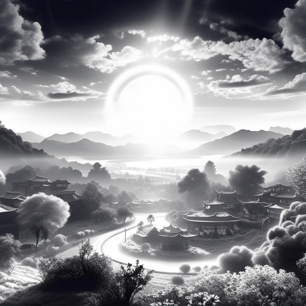 Beautiful Asian countryside, with clear sky and sunrise in black and white.

