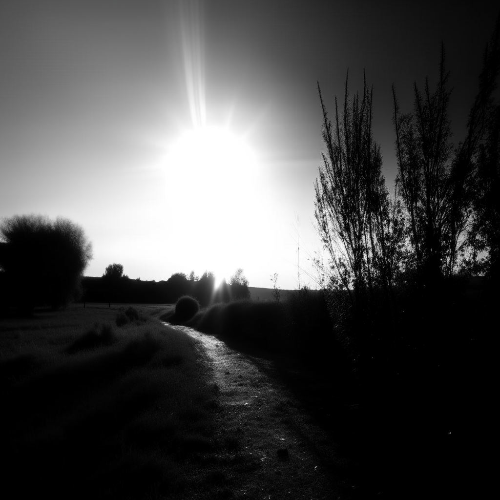 Beautiful countryside, with clear sky and sunrise in black and white.

