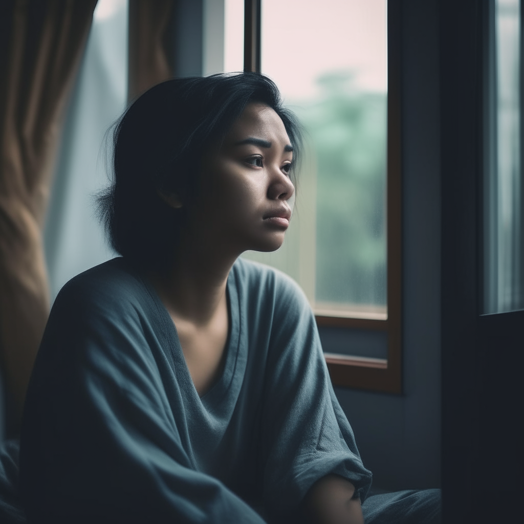 A beautiful Indonesian girl with schizophrenia, sitting alone in her room, looking out the window thoughtfully