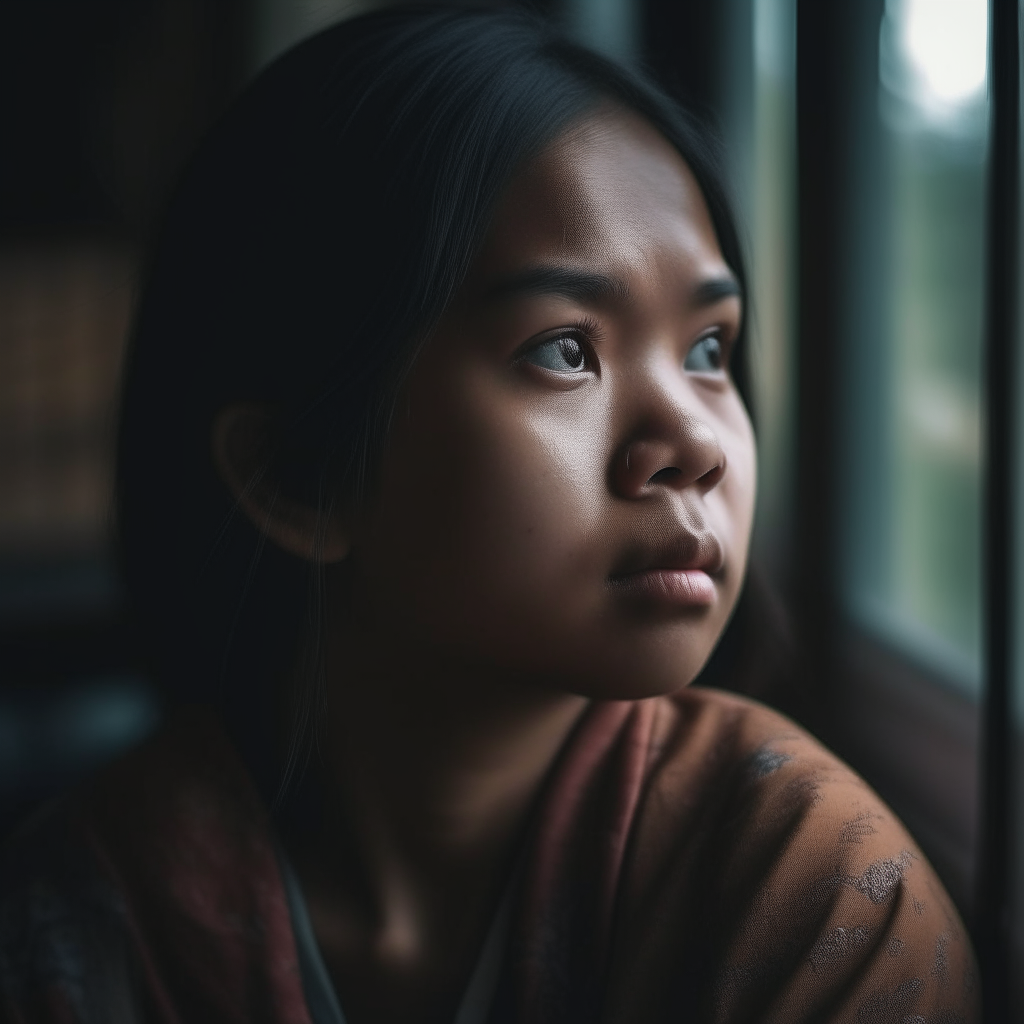 A beautiful Indonesian girl with schizophrenia, lost in her own world as she stares into the distance