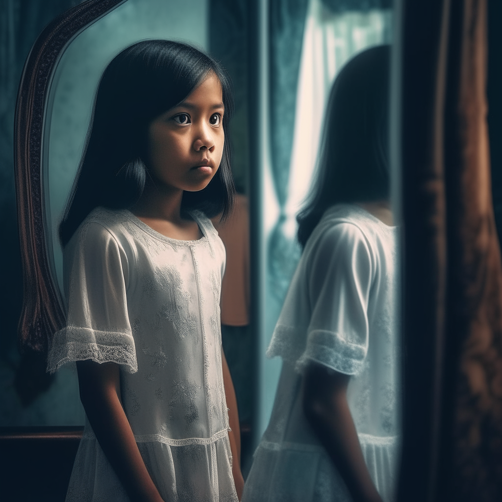 A beautiful Indonesian girl standing in front of a mirror, with a ghostly reflection of her deceitful twin Lilah looking back at her