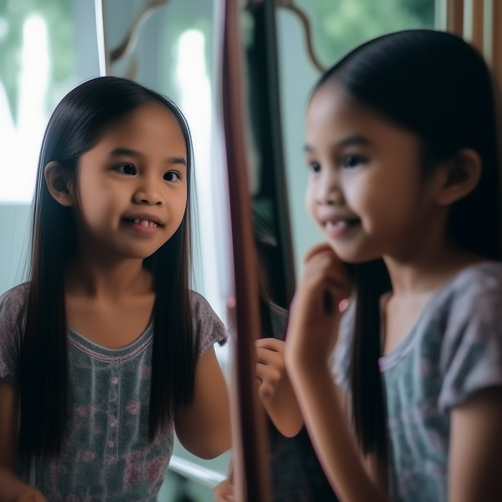 A beautiful Indonesian girl brushing her hair in front of a mirror, unaware that her reflection has been replaced by her deceitful twin Lilah staring back at her with an evil smile