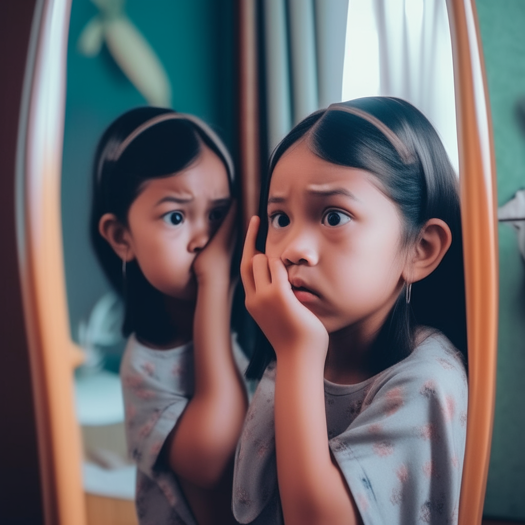 A beautiful Indonesian girl holding her ears, distressed as she sees her deceitful twin Lilah smirking at her from the other side of her bedroom mirror