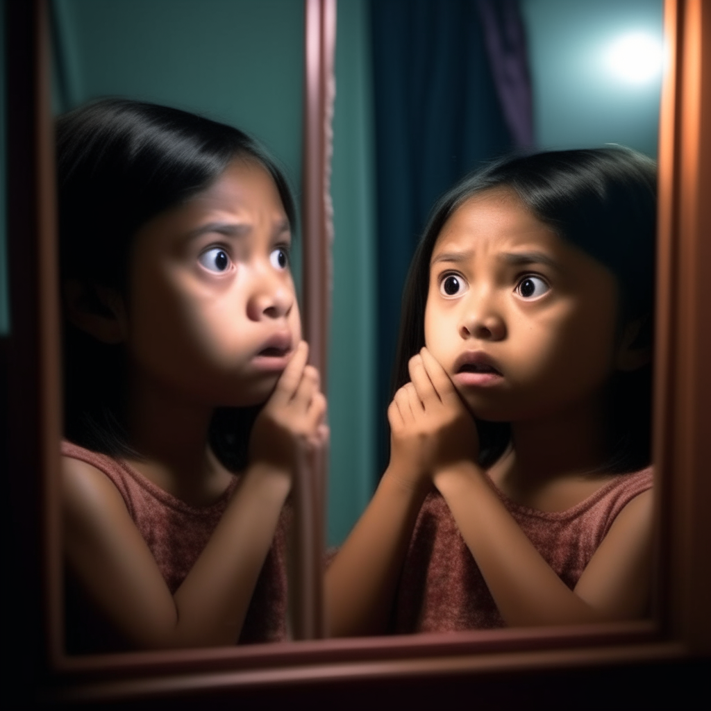 A beautiful Indonesian girl cowering in fear, trying to block out the sight of her evil twin Lilah taunting her from the reflection in her bedroom mirror