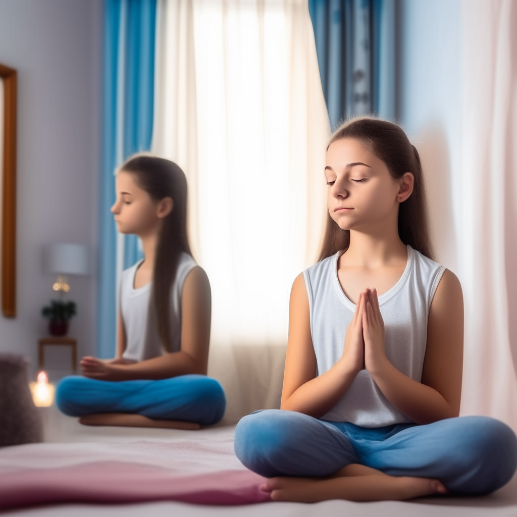 A teenage girl meditating calmly in her bedroom, as her reflection in the mirror meditates alongside her with a serene expression